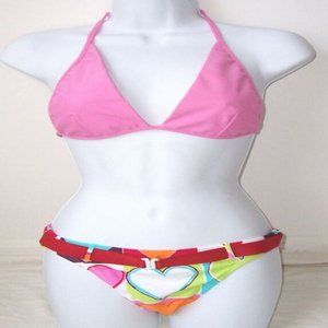 SALINAS Pink Heart Print Belted Bikini L